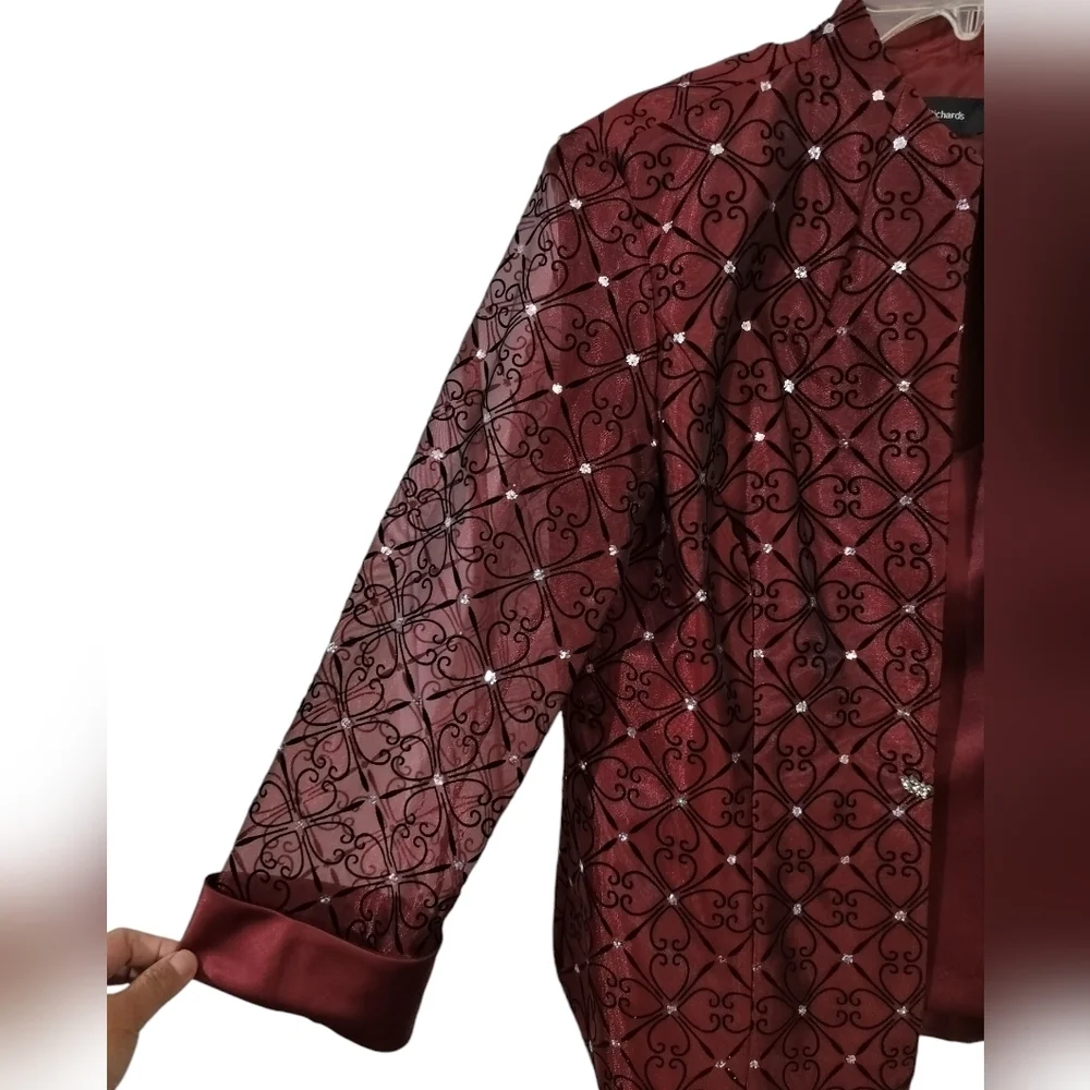 3102)R&M Richards 2 pcs Evening Burgundy Bling Jacket Camisole 3/4 Sleeve Sz 10 - Picture 4 of 11